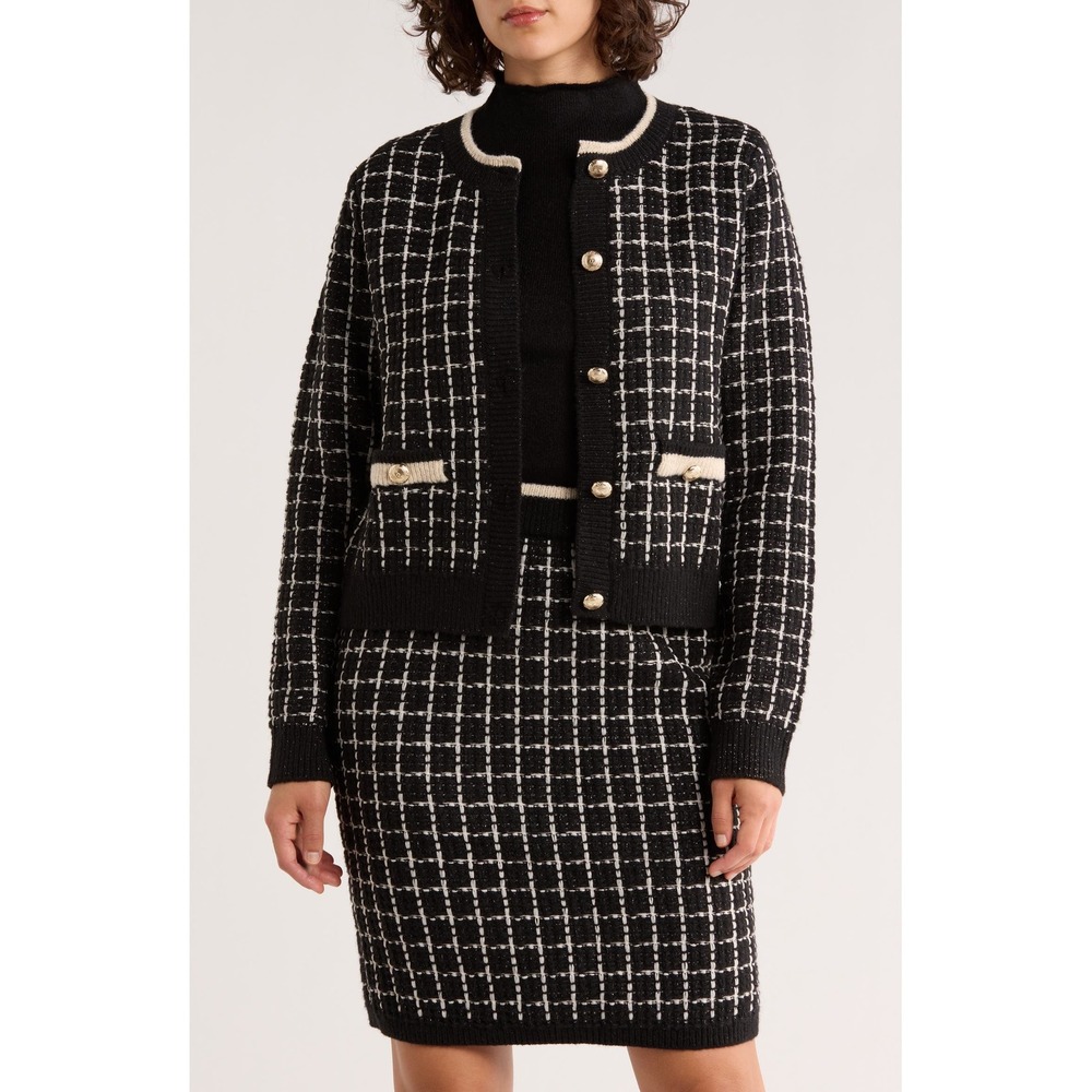 Ellen Tracy | Plaid Stitch Lady Jacket Cardigan Large Black Metallic Gold Button - Picture 1 of 10